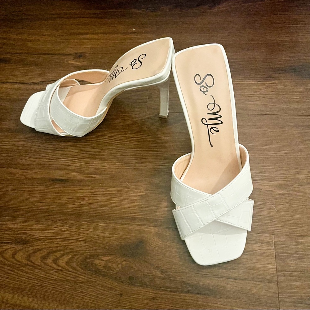 Lulu’s Amandine White Crocodile-Embossed High Heeled Sandals